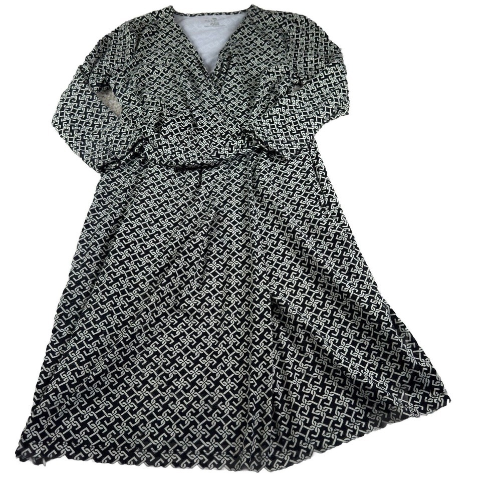 TALBOTS Dress Women Size 12 Black Ivory Chain Link Surplice Wrap‎ Bodice
